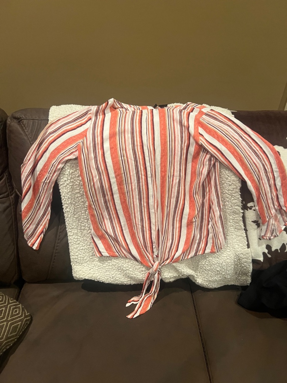 new directions Striped Tie-Front Blouse - Coral, White & Gray